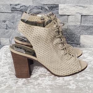 Sam Edelman Cream Lace Up Perforated Peep Toe Block Heel Booties